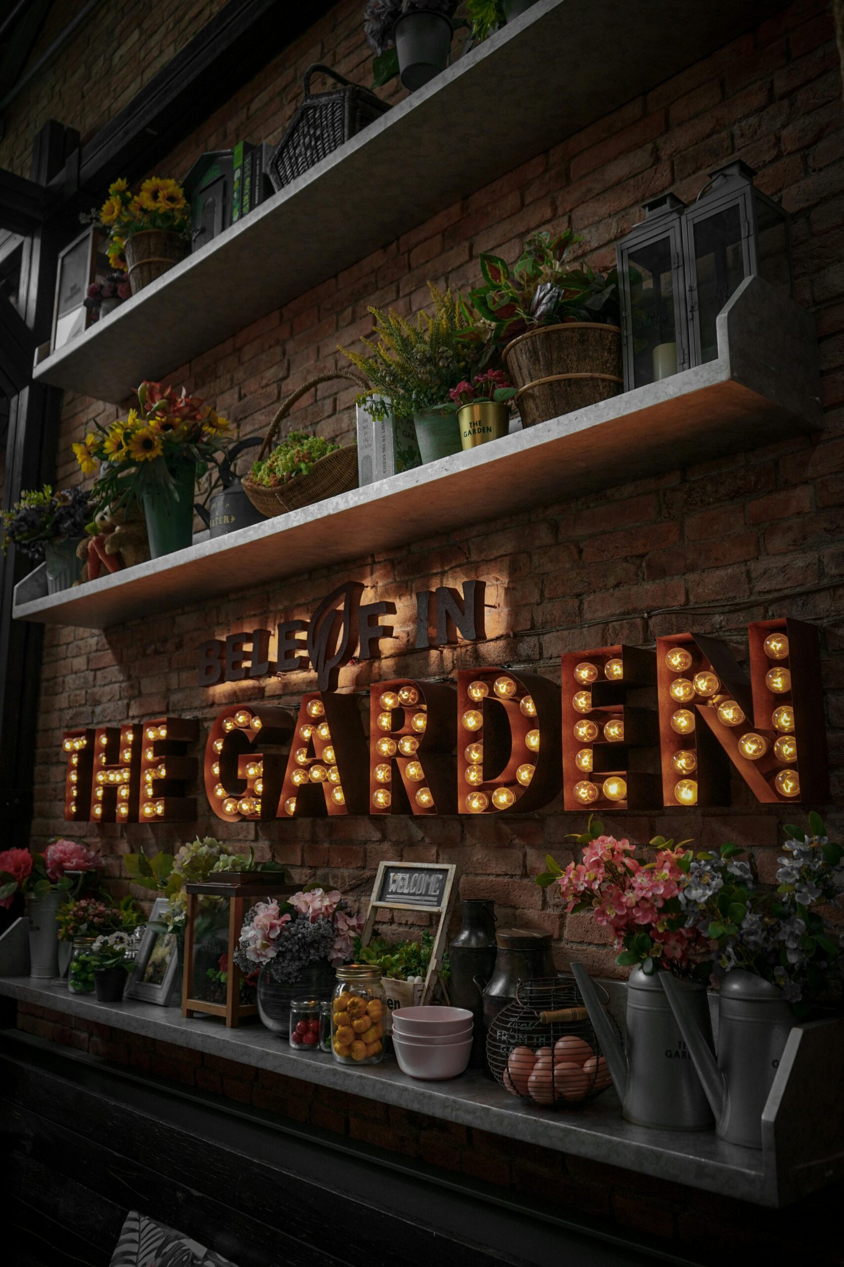 Wall-mounted gardens with herbs and flowers.