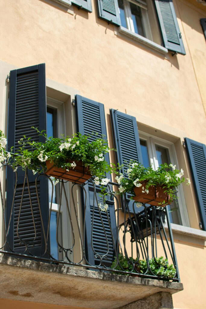 Balconies filled with hanging planters